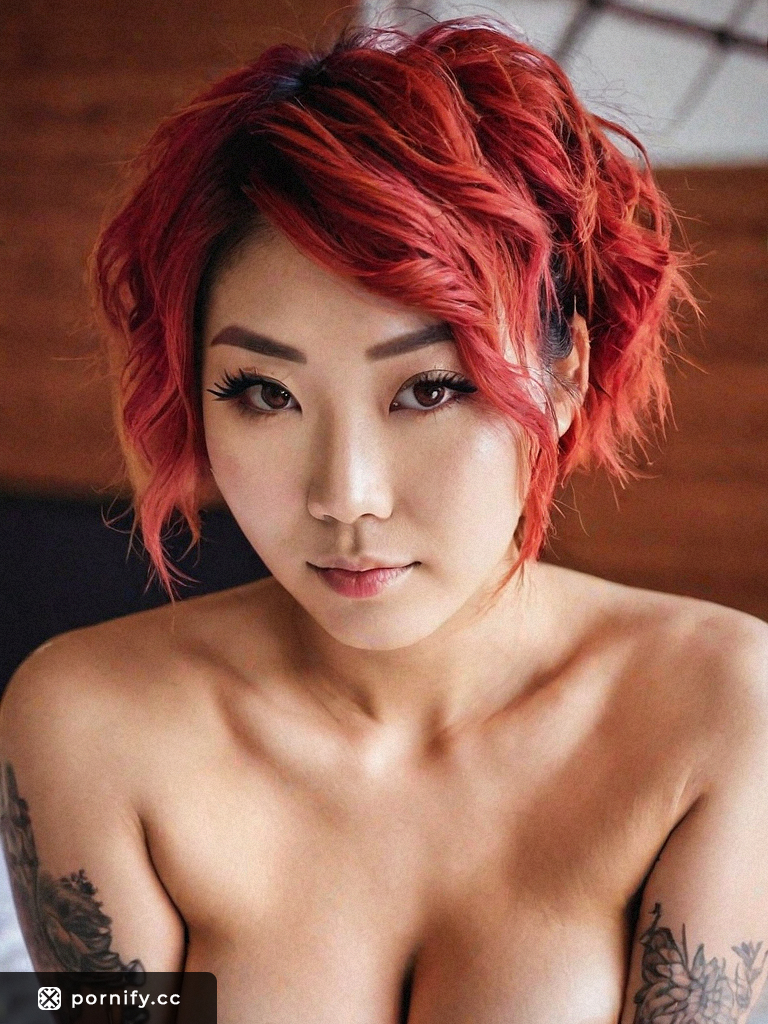 Petite Japanese Redhead with Small round breasts stuck in a heart shape Tattoos - Photorealistic 2 20s Bedroom Nude - Shirt Lift Actions - 85mm Lens - Trapezoidal Face Shape - Curved Eyebrows - Thin Eyebrows