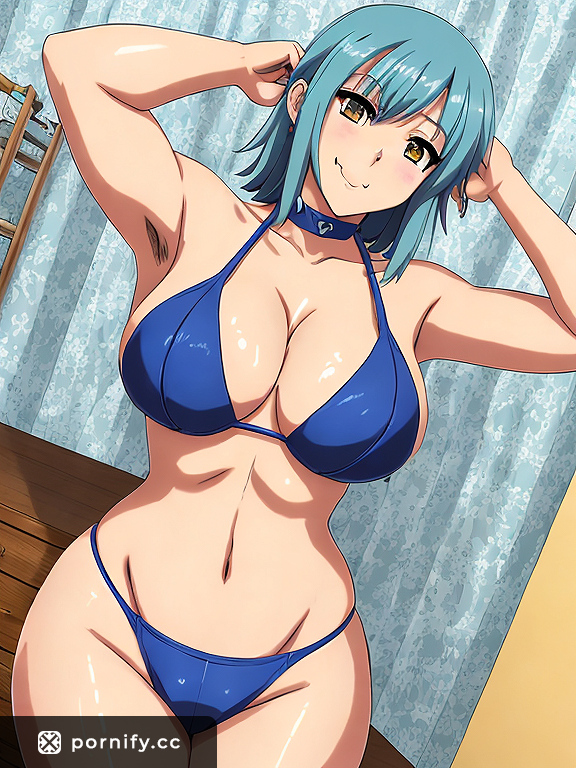 Hardcore Blue-Haired Colombian Smiling Plus-Size Female Anime Model in Loft Apartment with Fedora, Front View, 70-200mm Camera Lens, Bikini-Line Pussy Haircut, East-West Breast Shape, Grey Eyes, Trapezoidal Face Shape, High-Arched Eyebrows, and Feathered Eyebrows.
