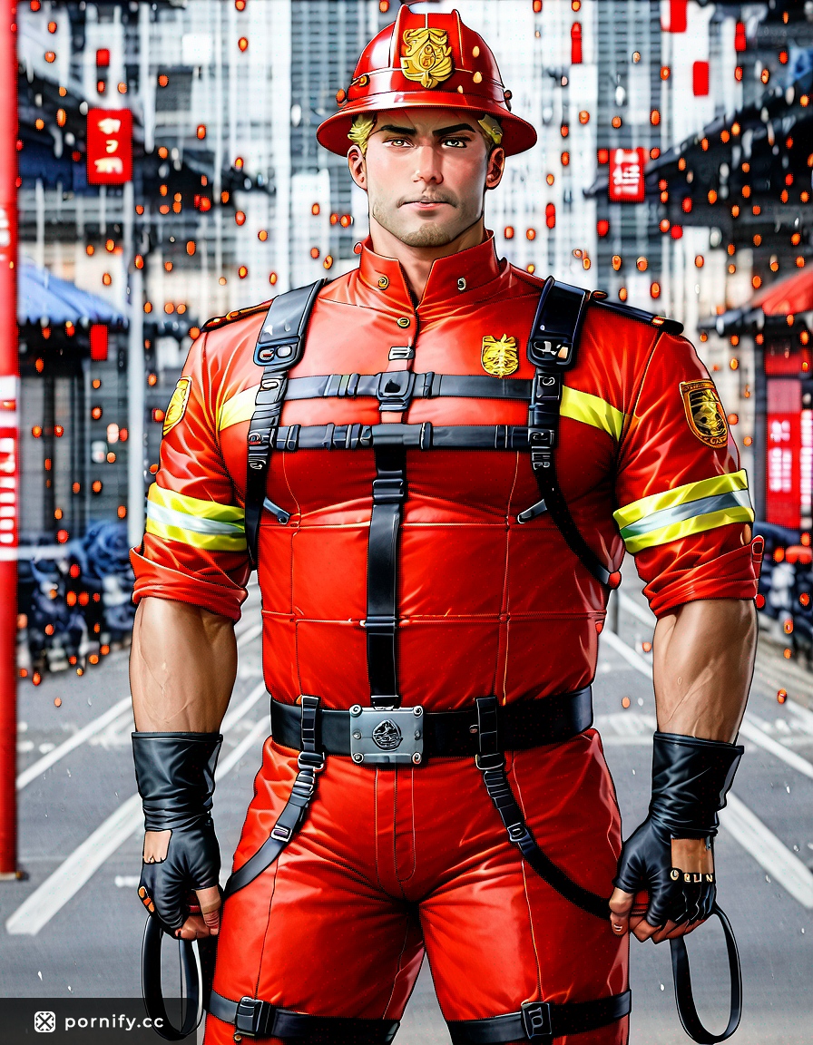 🔥🧑‍🚒 Fit Blonde Firefighter Seductive Pose - Tanned Outdoor