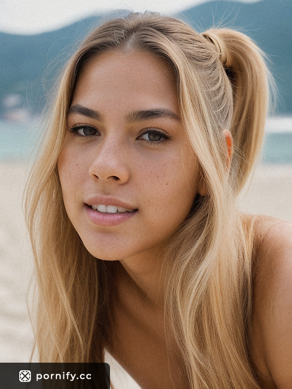 Slim Teen Brazilian Female Giving Blowjob on the Beach with Small Slender Breasts and Blonde Hair - Photorealistic AI Model