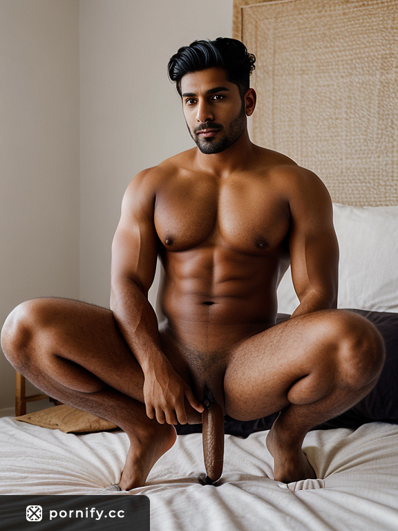Indian Brunette Man With Huge Penis Squatting Angrily in Bedroom