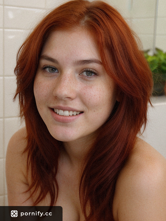 Teen Redhead Irish Girl Squatting in Bathroom with Messy Hair and Super-Fat Breasts in Photo Realistic Shot