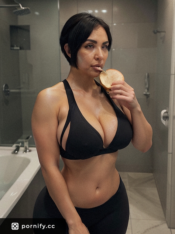 Curvy Black-Haired Beauty Food Tease in Leggings 🍑👖🍓