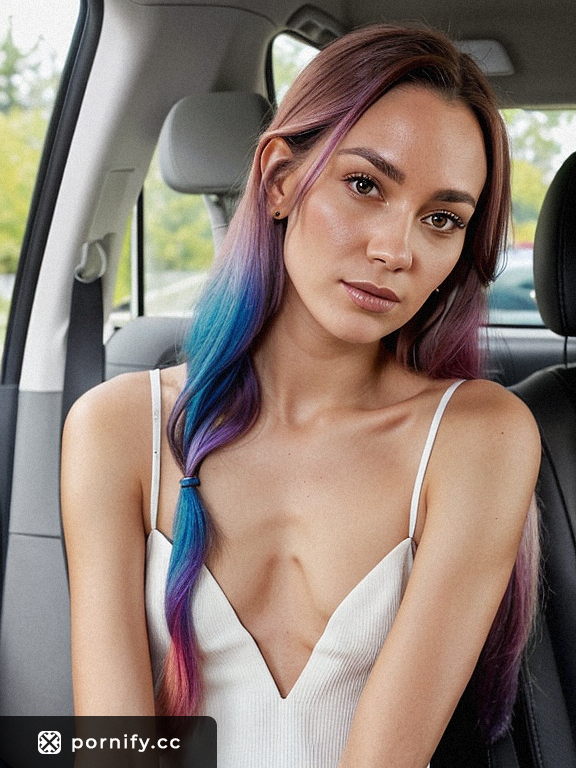 Visualize Realistic Norwegian Elf with Rainbow Hair, Hourglass Body and Slender Breasts in a Car Backseat