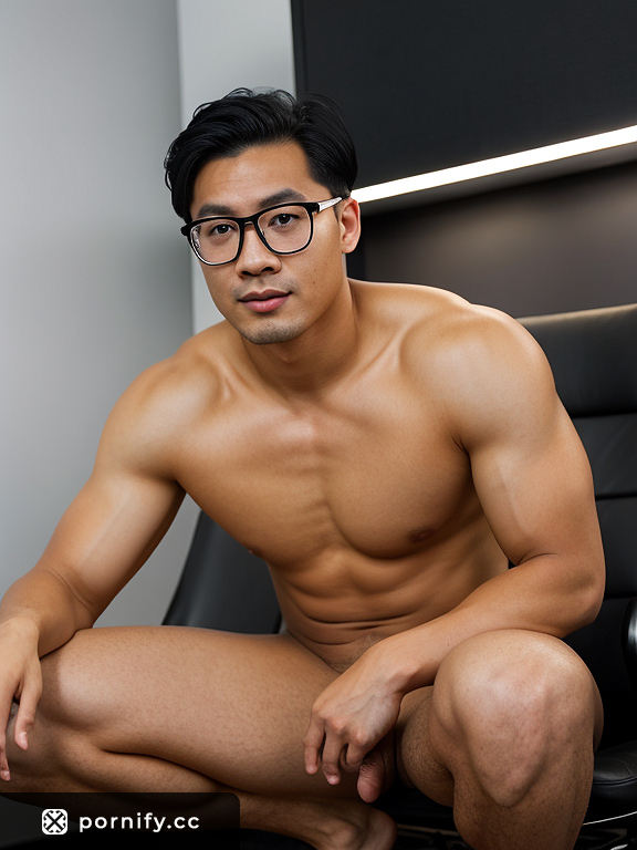 Big Black Muscular Chinese Office Guy With Glasses and Big Penis Posing Horny and Bending Over in 24-70mm Lens