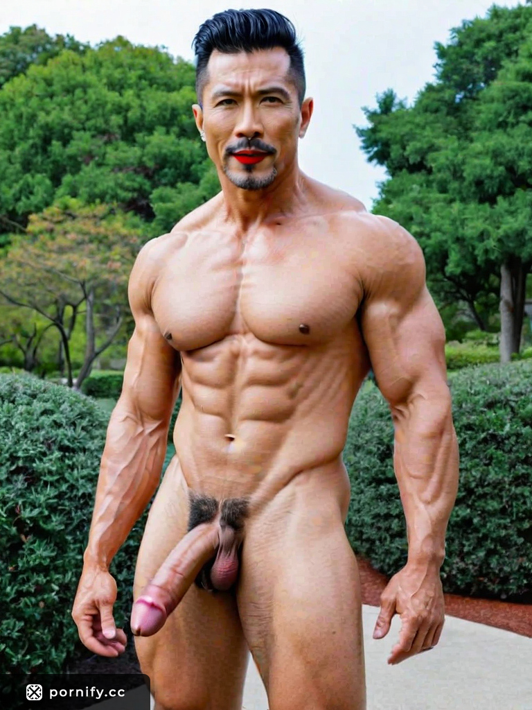 Huge Black Muscular Asian DILF with Playful Amber Eyes and Upward Eyebrows in Hardcore Pose