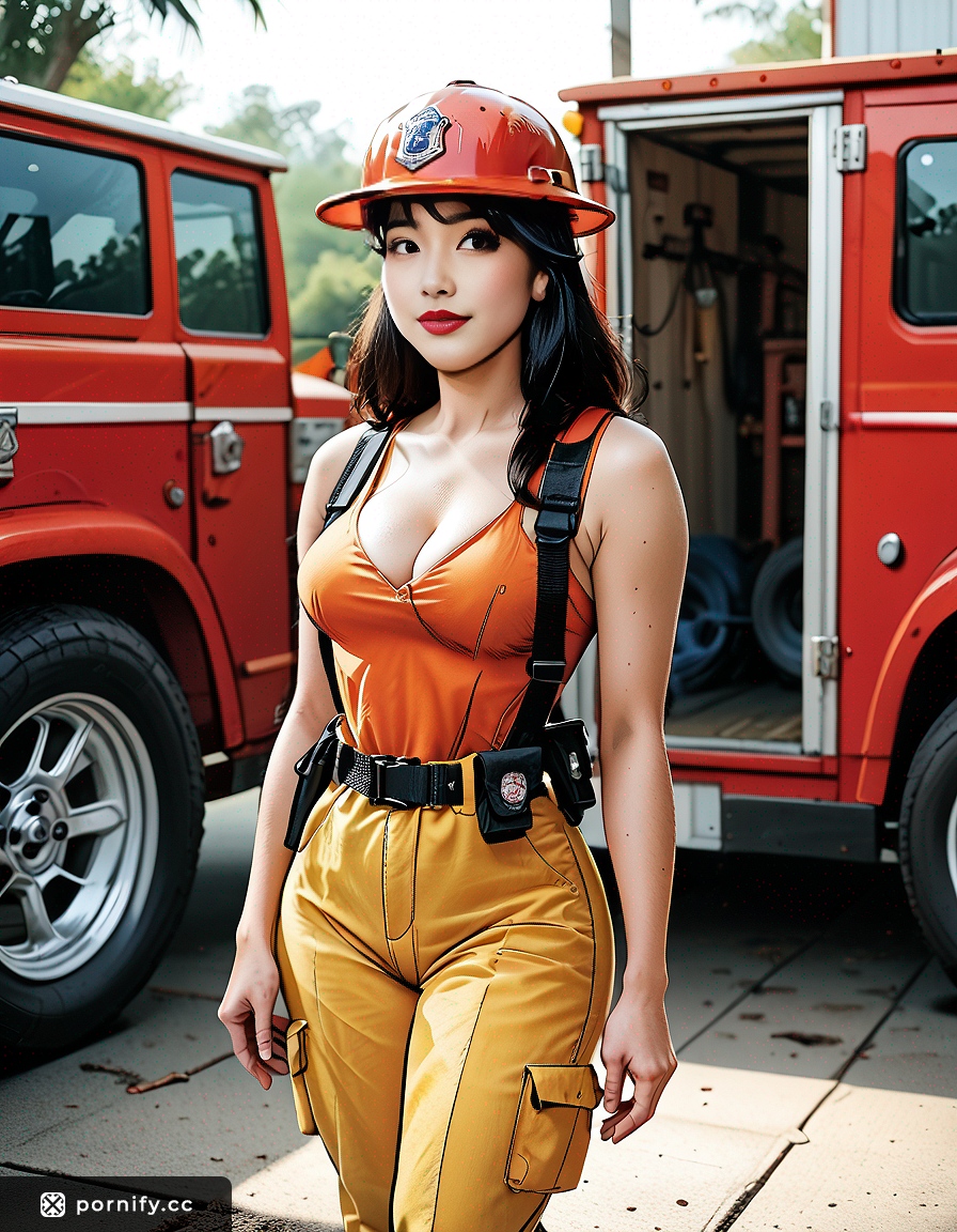 🔥 Asian Firefighter Babe - Fit & Sexy Outdoor Pose