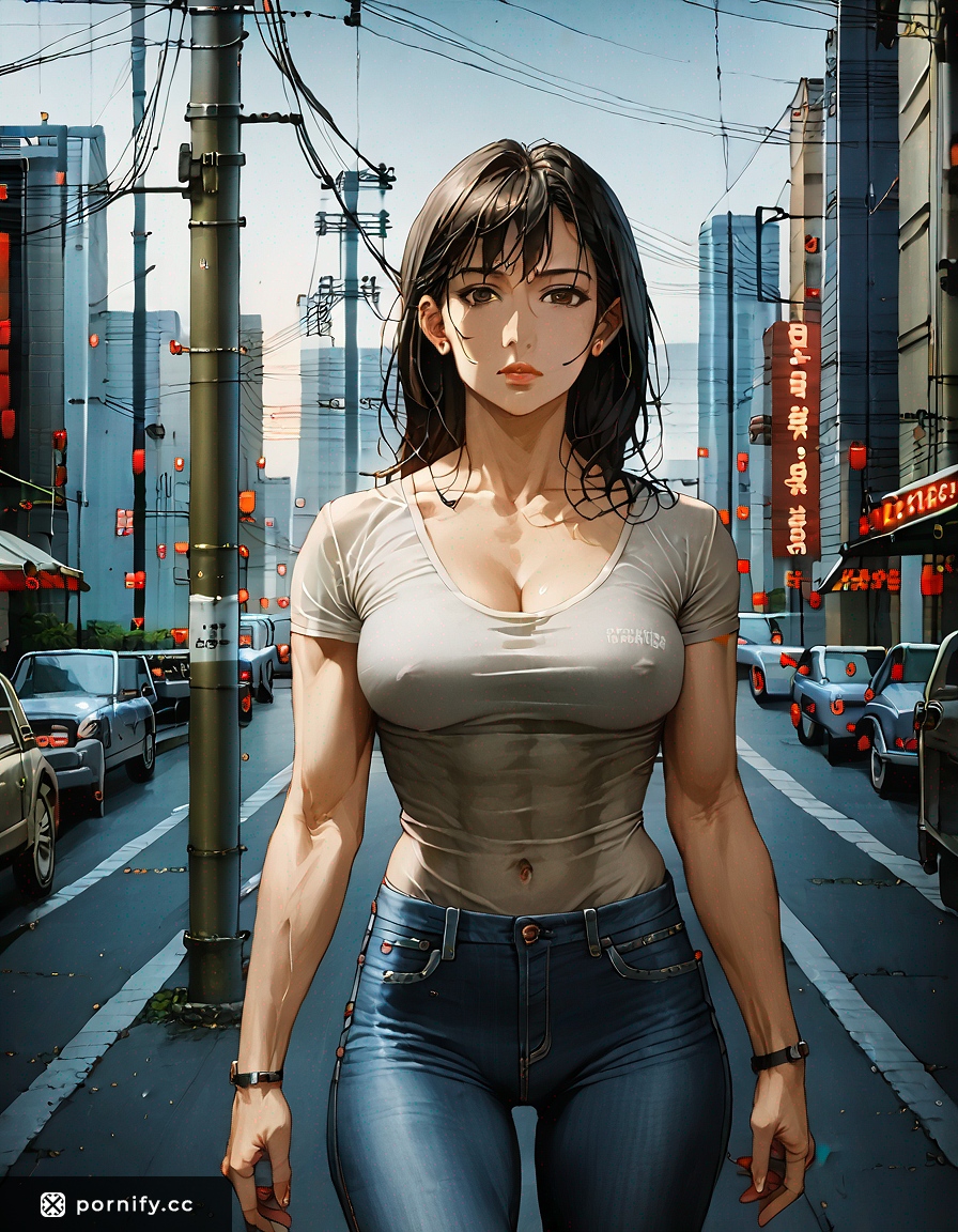Muscular Anime Girl Black Hair Bangs - Casual Bedroom Pose 🛏️💪
