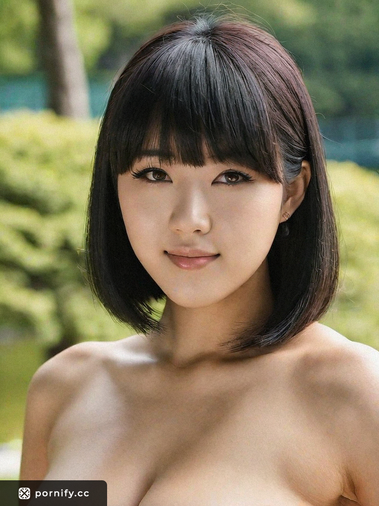 Erotic Teen Small Breast Tear-Drop Shape Japanese Pool Fair Skin Petite Bangs Amber Eyes Natural Pussy Haircut Neutral Expression Spreading Legs Front View 24-70mm Lens 3D Art