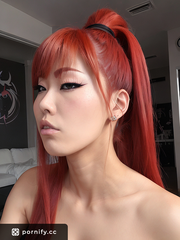Red-haired angry teen Korean girl in hardcore pose in front of a gym background with small round breasts, ponytail haircut and triangle pussy hair, openpose action, 50mm camera lens and trapezoidal face shape