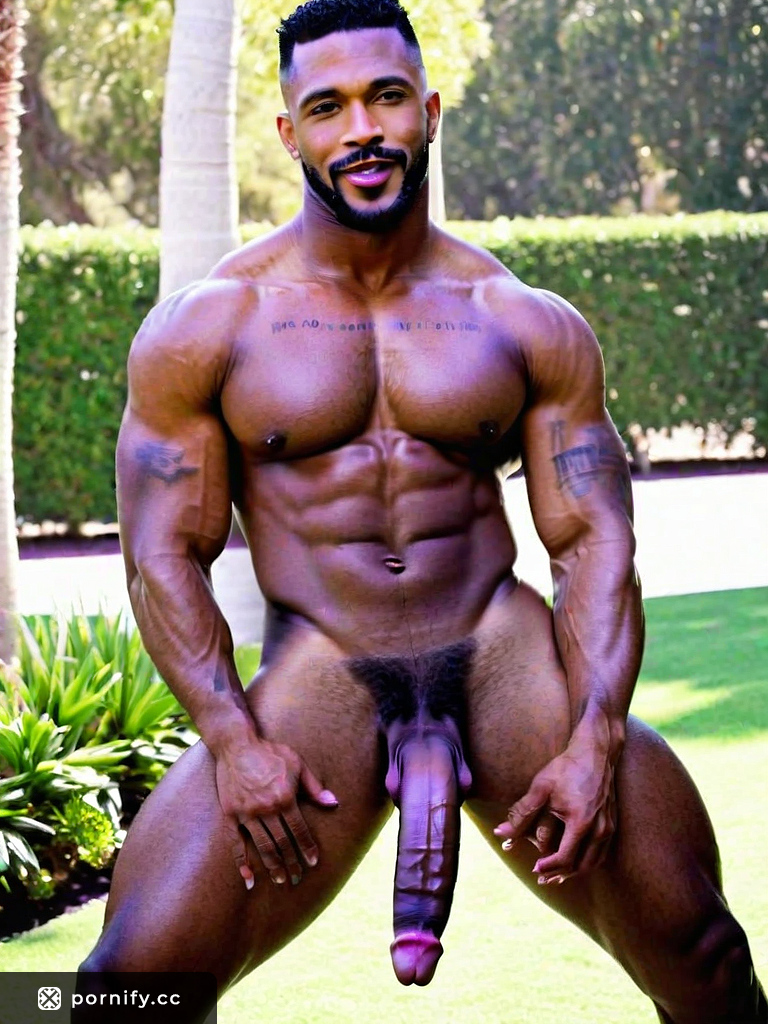 Horny ebony male in his 20s with big dick jumps - 85mm lens - angry face - triangle pussy - oval face - fit body - black hair