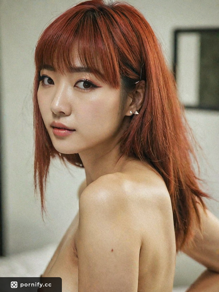Red-Haired Korean Teen With Flat Tummy Enjoying Massage In Bedroom
