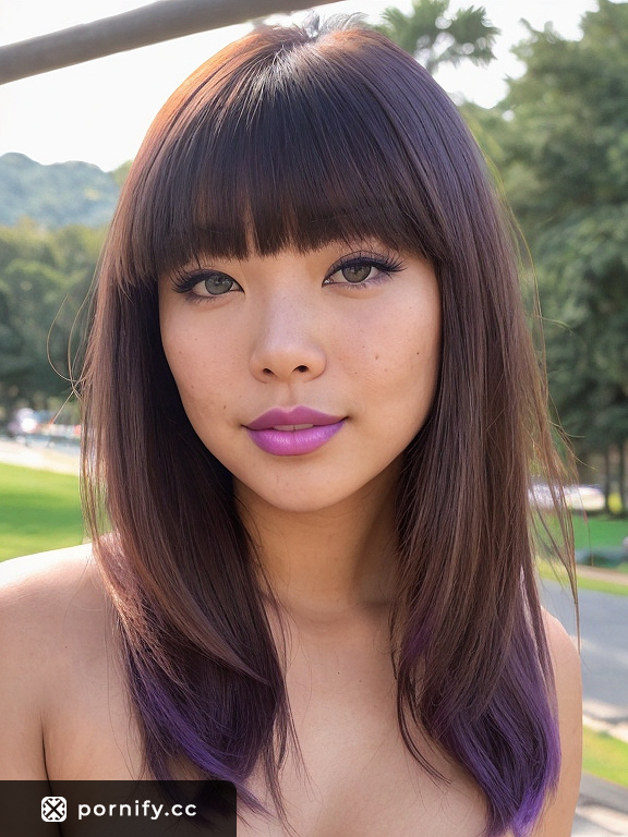 Curvy Teen Hispanic Girl with Green Eyes and Side-set Breasts in a Jumping Pose in a Park, Wearing Purple Lipstick and a Natural Pussy Haircut