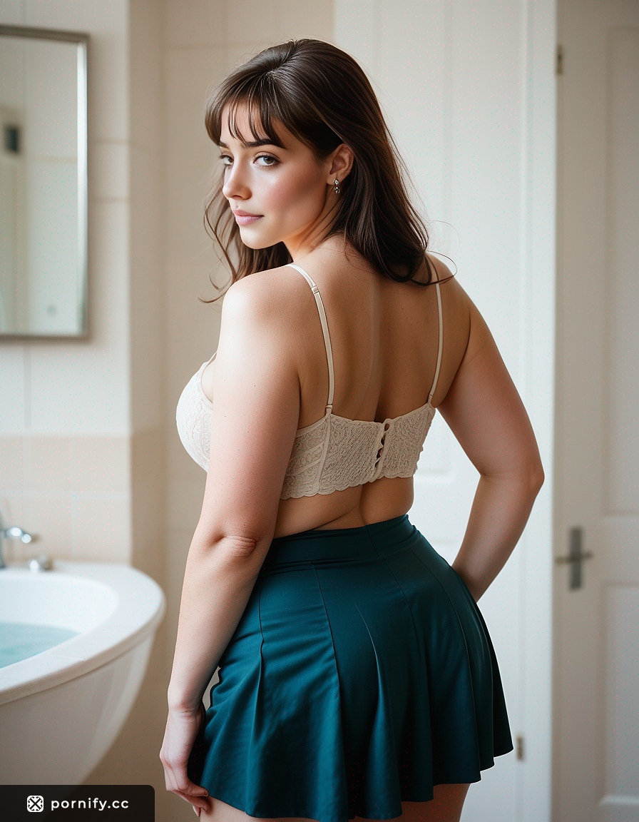 Chubby Brunette Back View in Skirt - Bathroom Pose 🚪👗🍑