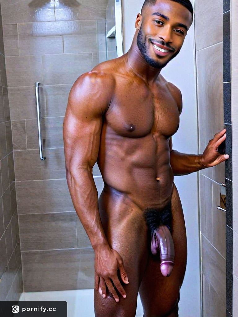 Slim ebony guy with huge black dick yoga in bathroom