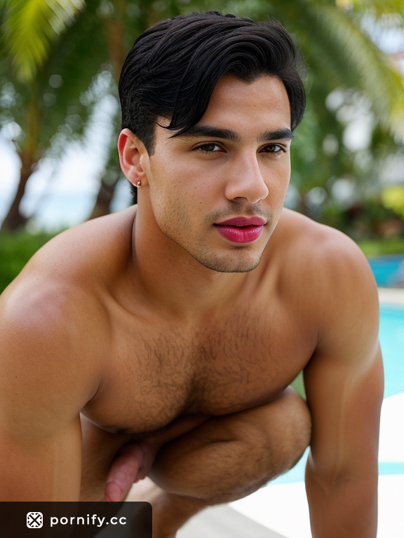 Big Brazilian Male with Athletic Body, Horny Expression, and Red Lipstick - Outdoor Background