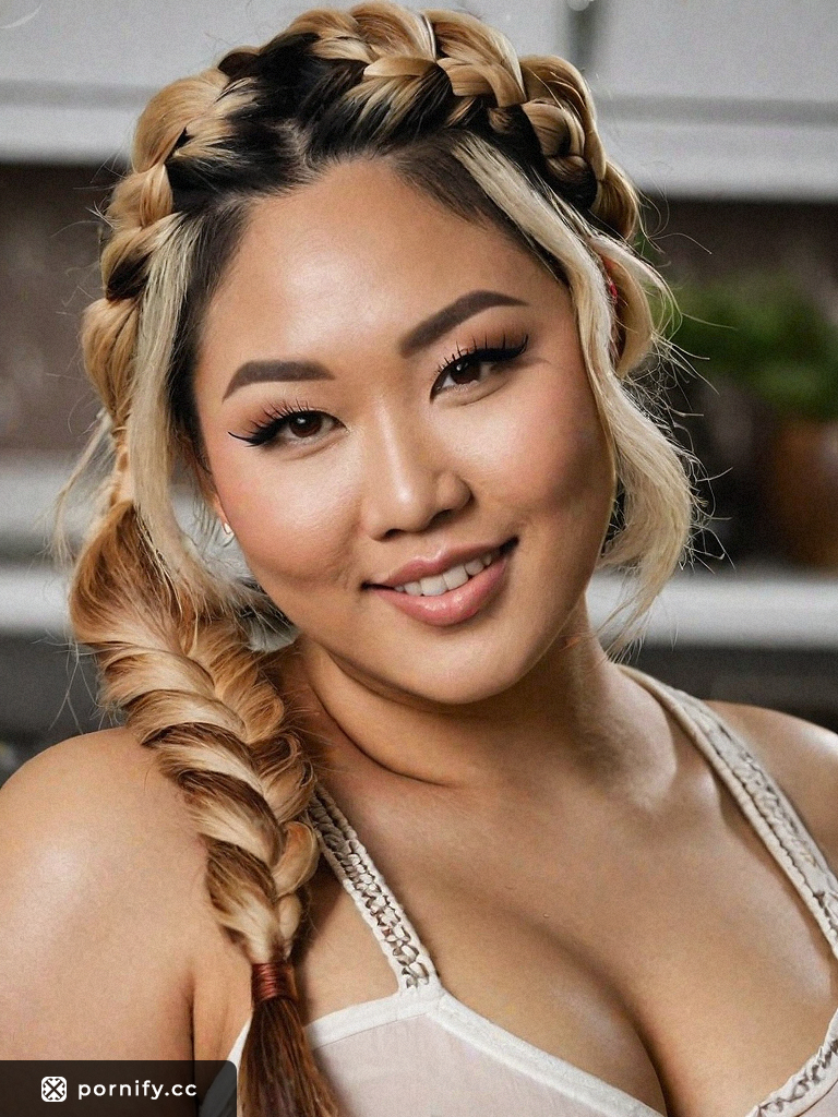Sultry Chinese Plus-Size Model Straddles the Room in a Kitchen with Horny Expression and Medium Round Breasts in a Braided Haircut and Piercings, Captured with a 50mm Camera Lens - Photorealistic2 AI Model