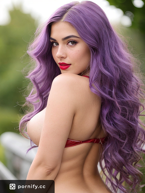 Sultry Teen Chubby Girl with Purple Hair and Angry Expression in a Garden: Get Your Pulse Racing with Red Lipstick and Bikini-Line Pussy Haircut