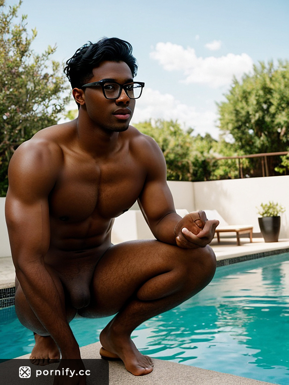 Black Ebony Pool Boy - Athletic, Glasses, Big Penis, Cumming and Neutral Expression