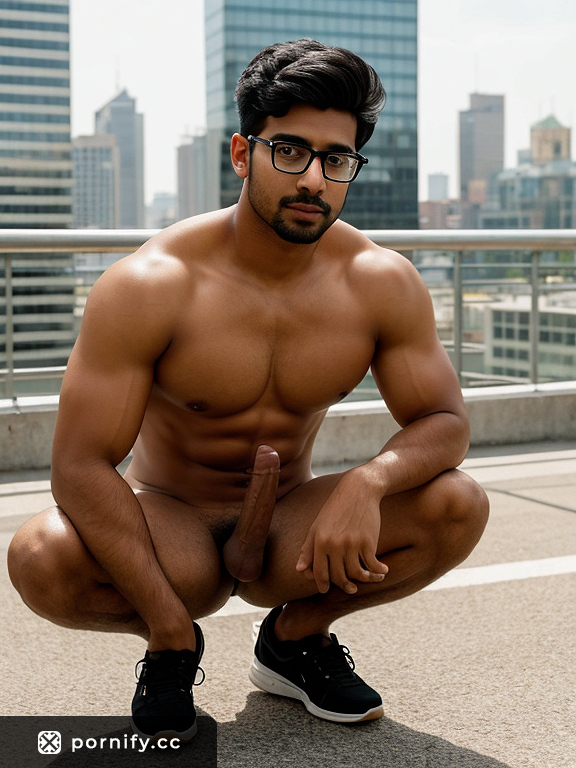 Sexy Indian Muscle Man in Yoga Pose with Huge Penis - Brunette Hair, Triangle Pussy Haircut and Brown Eyes