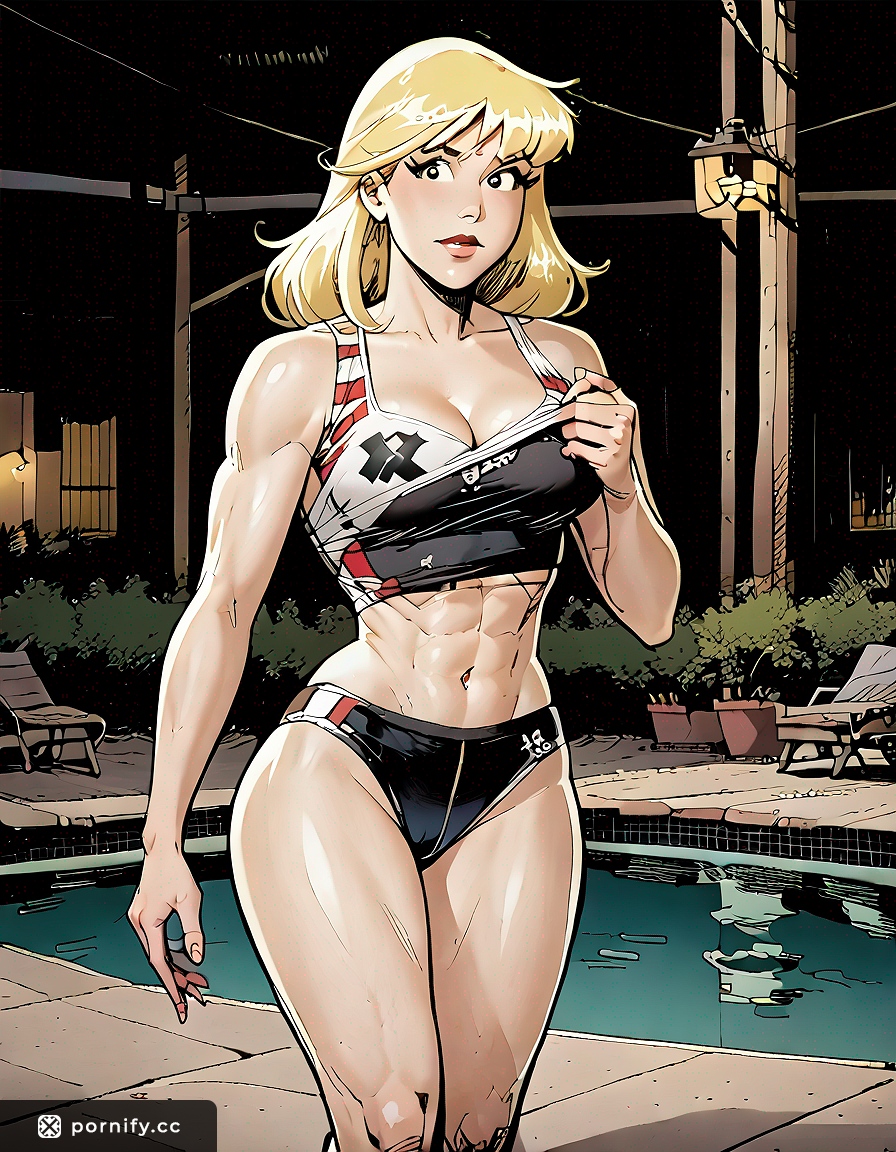 Muscular Blonde Anime Girl Poolside Shirt Lift 🌊🔥