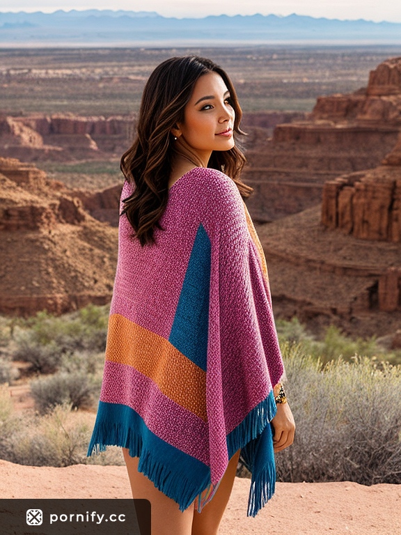 Brunette Back View in Poncho - Cityscape 🌆👱‍♀️