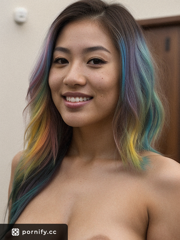 Cum-Covered Asian Cowgirl Smiling in Rainbow Hair: Chubby 20s AI Photo