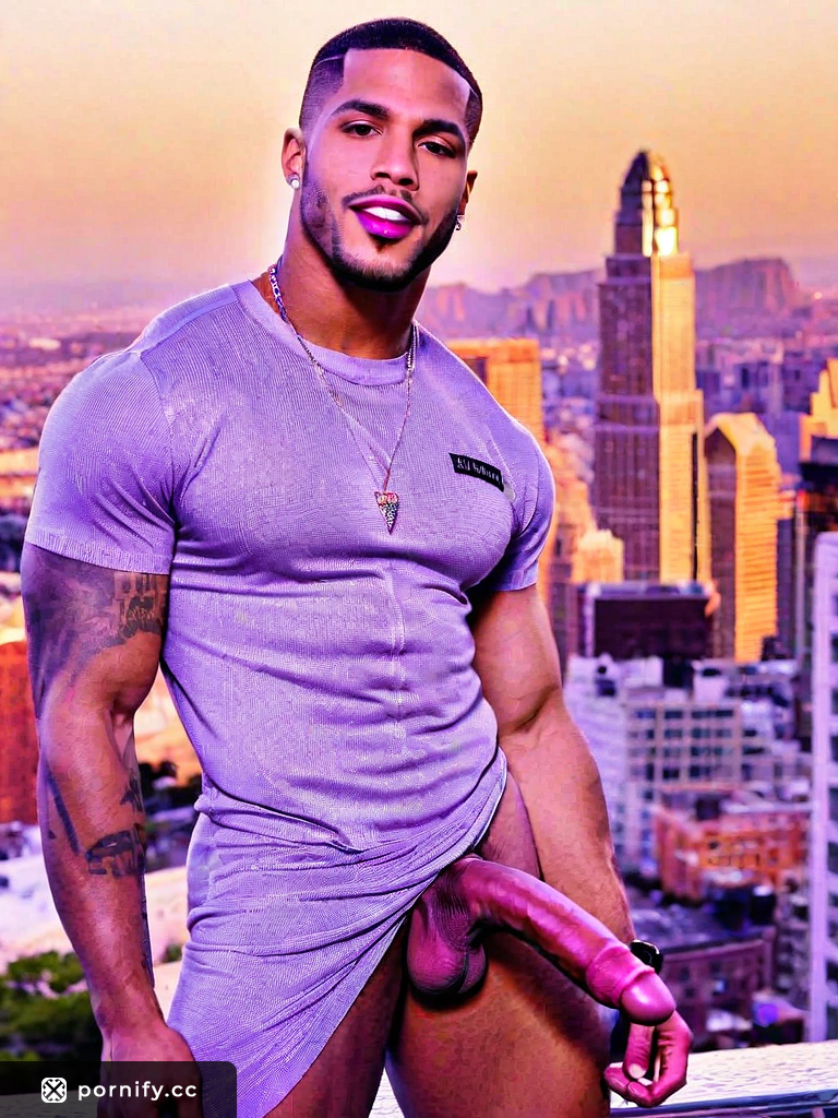 Asian Muscle Hunk with Triangle Pussy in Red Lipstick Posing Playfully in the Cityscape