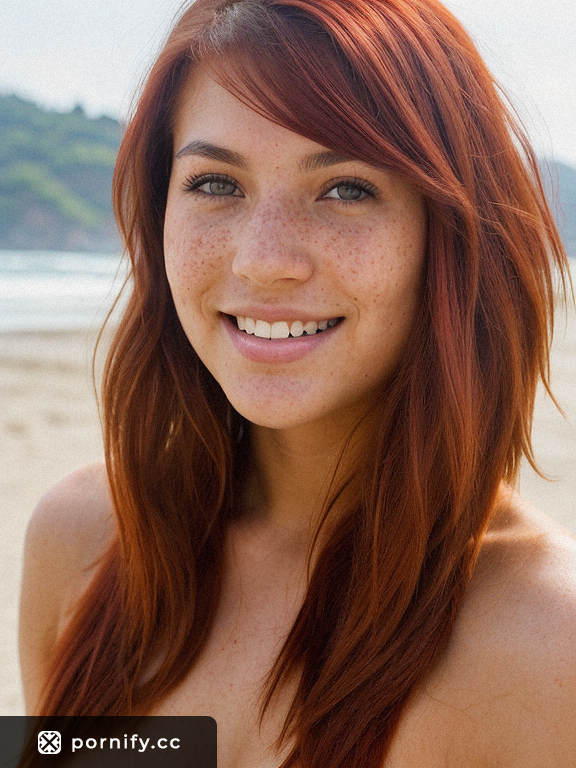 Teen Romanian Girl with Amber Eyes, Red Hair, and a Trimmed Pussy in a Front Beach Photo Shoot
