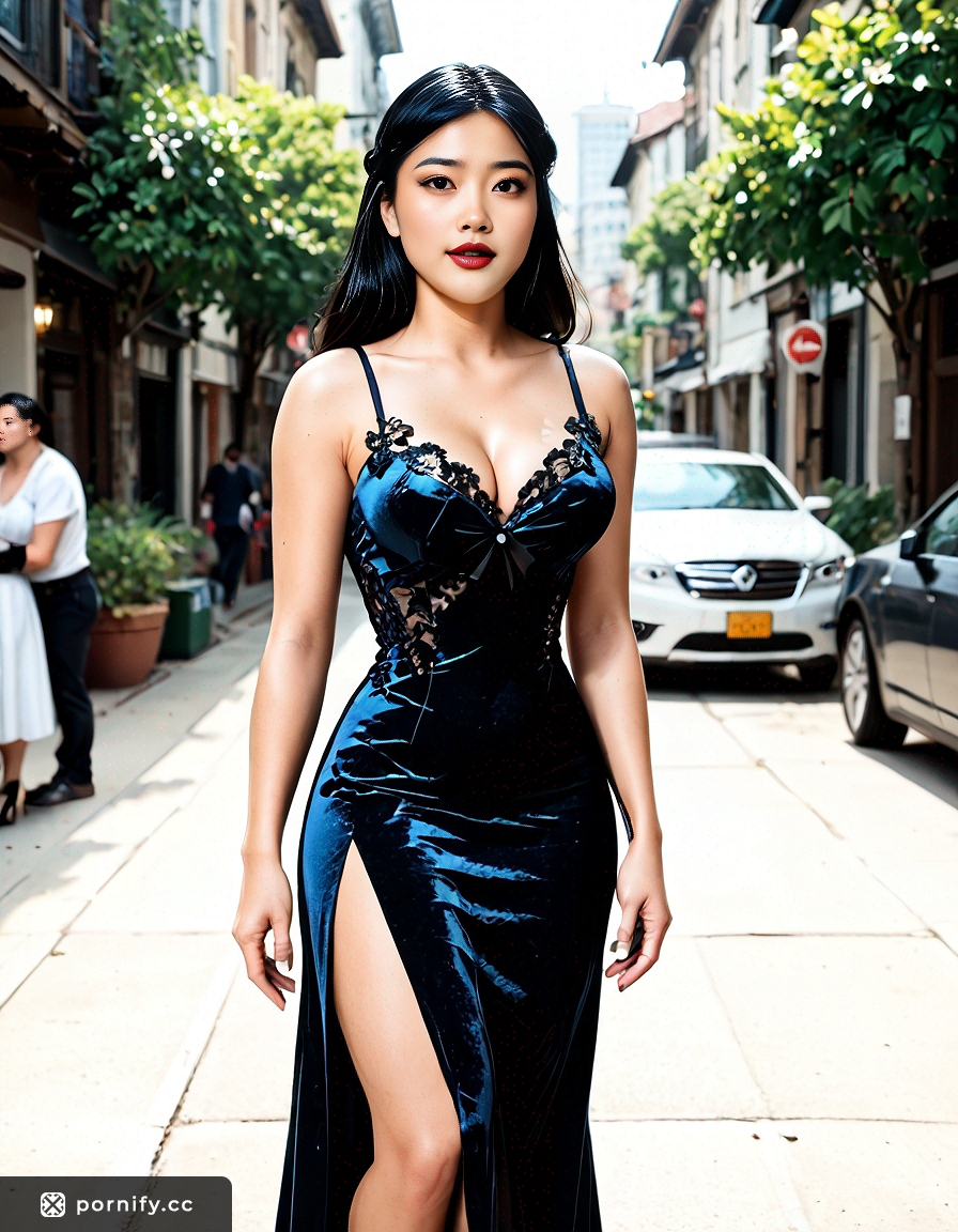 Asian Beauty in Long Dress - Big Round Breasts Front View 👗🌺