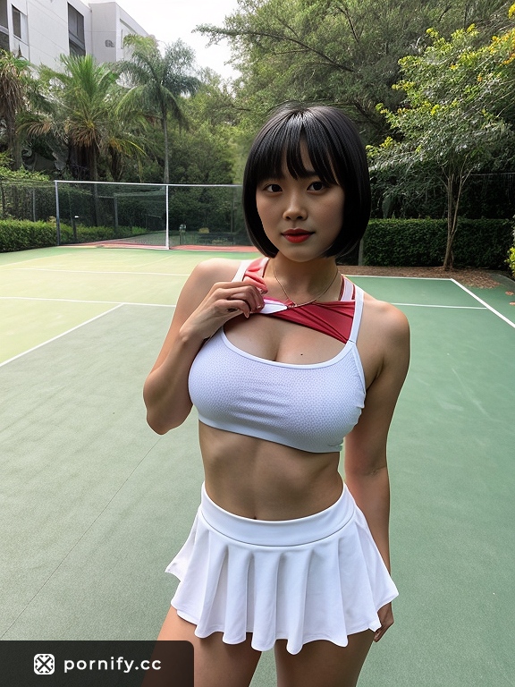 Asian Petite in Tennis Outfit - Sexy Shirtlift Pose 🌸🎾