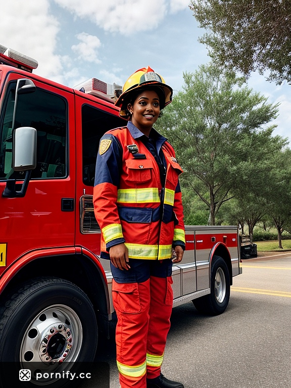 🔥 Ebony Firefighter Front View - Sexy Uniform Pose