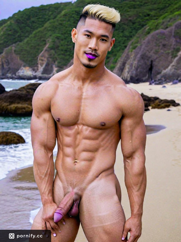 Blonde Asian Beach Boy with Big Muscles and Bikini Hair Cumming on the Camera