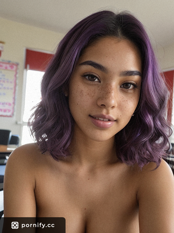 Horny Teen Mixed Girl with Huge Round Breasts in Classroom