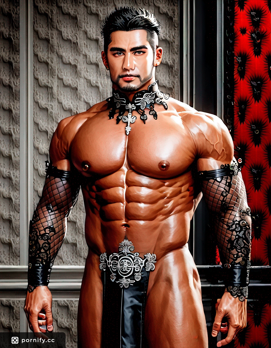 Gothic Asian Male with Red Lipstick - Curvy Bedroom Pose