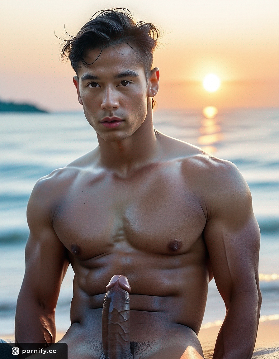 Fit Asian Hunk Huge Cock Beach Scene 🌊🍆