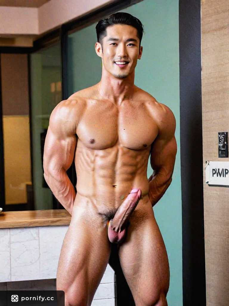 Male Korean 20s muscular black hair, landing-strip pussy, neutral expression, spreading-legs pose, 24-70mm camera lens, oval face shape with bushy eyebrows and high arched brows, tight panties, medium penis size