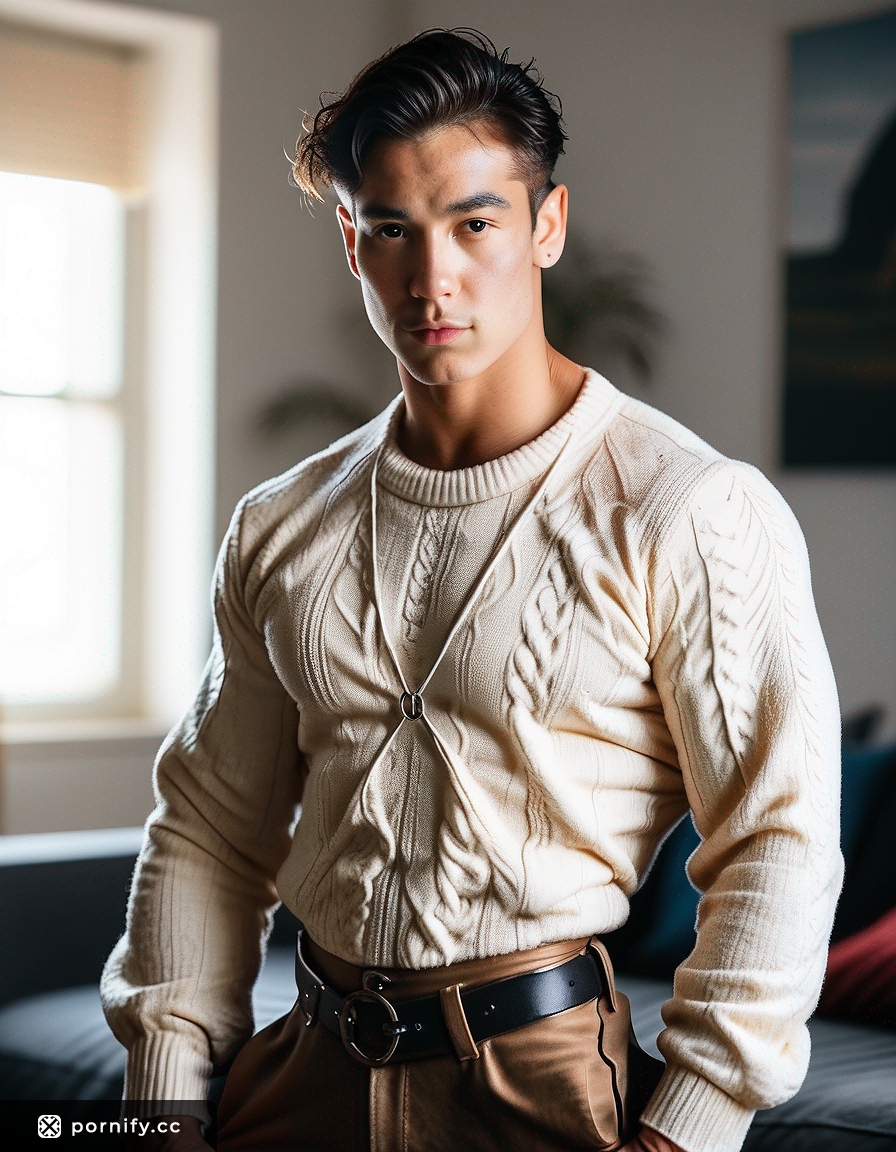 Asian DILF in Sweater & Pants - Muscular Bedroom Pose 🛏️💪