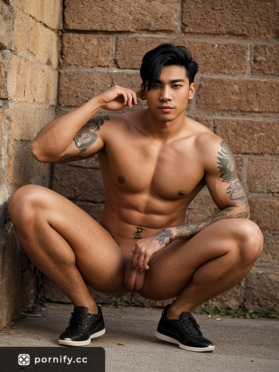 Big Black Muscular Asian Jumping Tatooed Smiling Gay Model with Natural Haircut and Blue Eyes - Hot Gay Pornstar