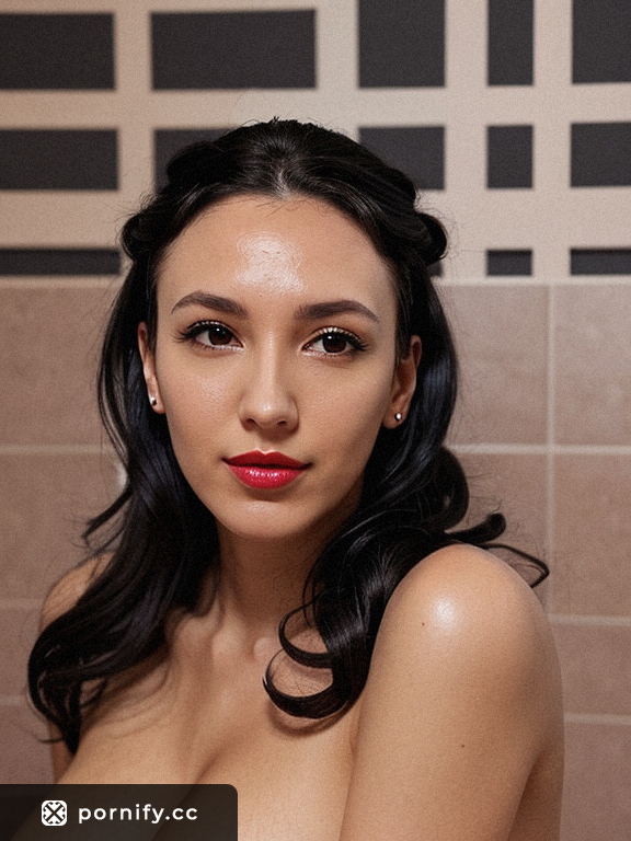 Wavy Black Hair - Narrow Forehead - Busty Hispanic Woman in Bathroom