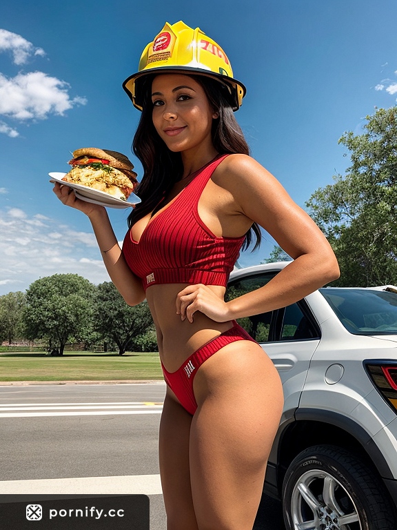 Petite Firefighter Food Tease - Park Back View 🔥🌳🍴