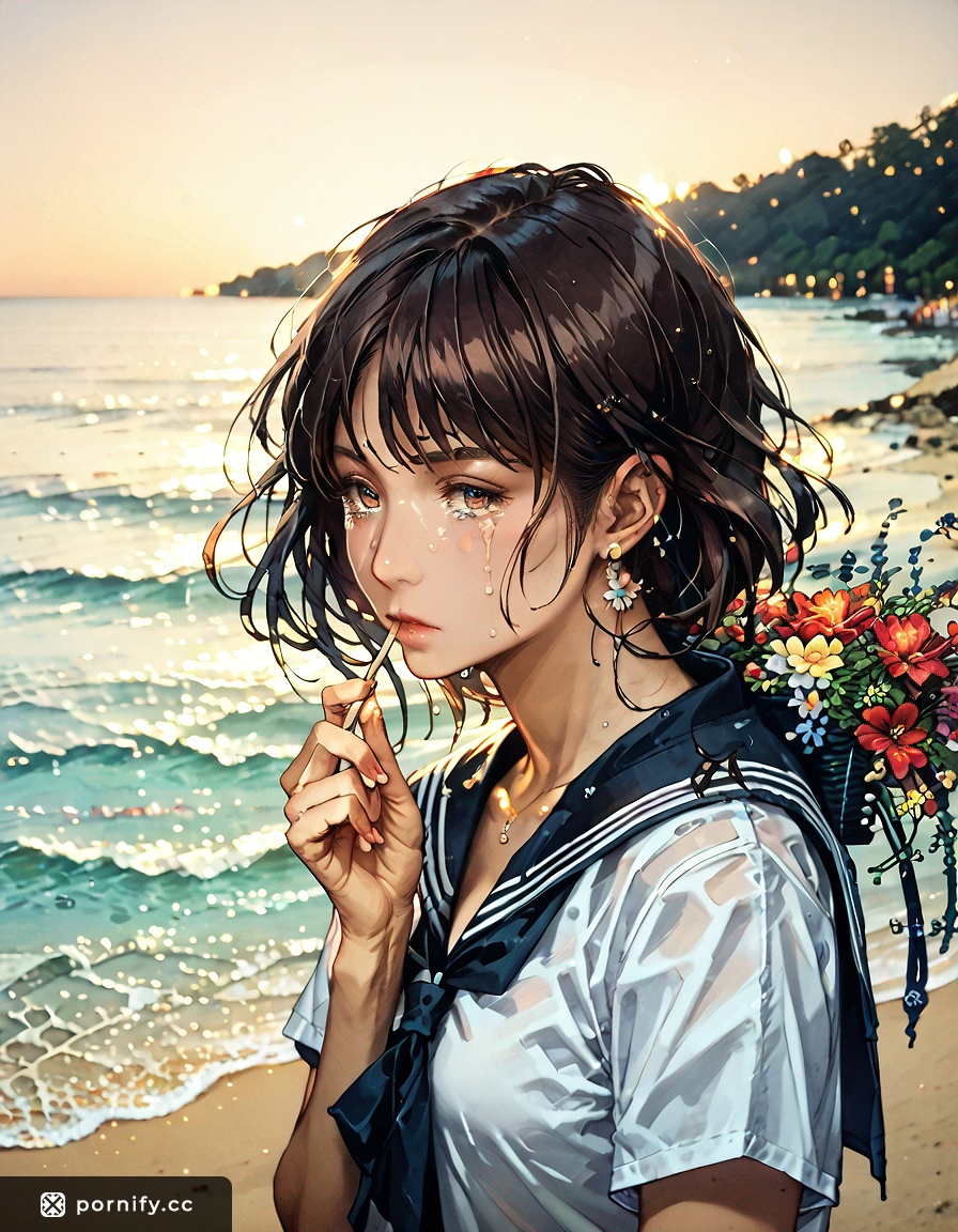 Anime Brunette Sailor Back View - Beach Painting 🎨🌊