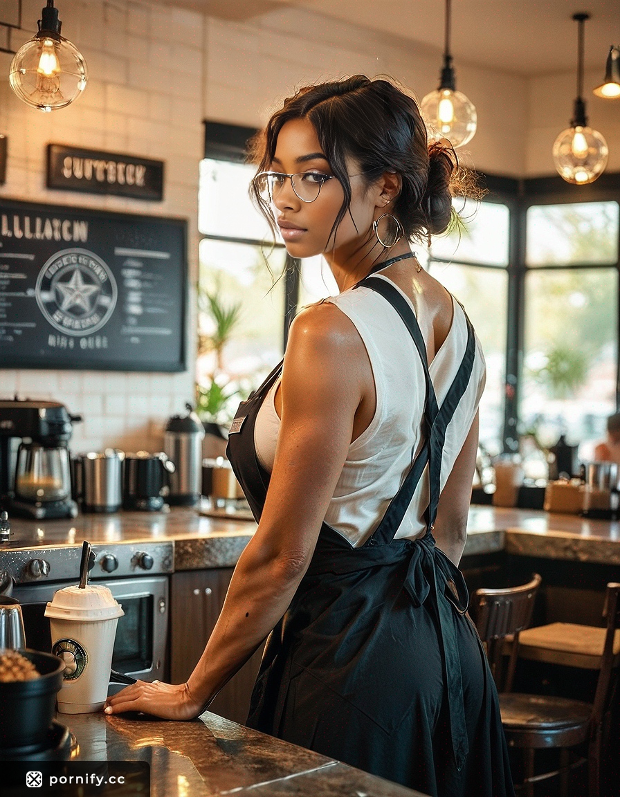 Ebony Barista Back View - Big Breasts Painting 🎨🔥