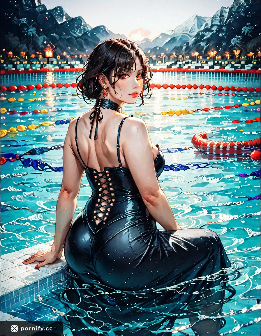 Goth Brunette Poolside Back View 🖤🌊