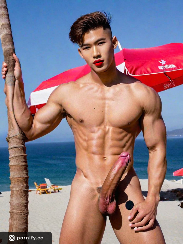 Teen Japanese dude with purple lipstick horny posing hardcore on the beach