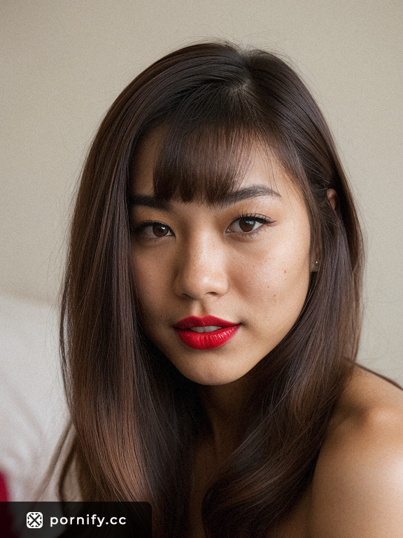 Sultry Teen Asian Blowjob: Photorealistic Slim Brunette with Round Small Breasts, Red Lips, and Horny Expression