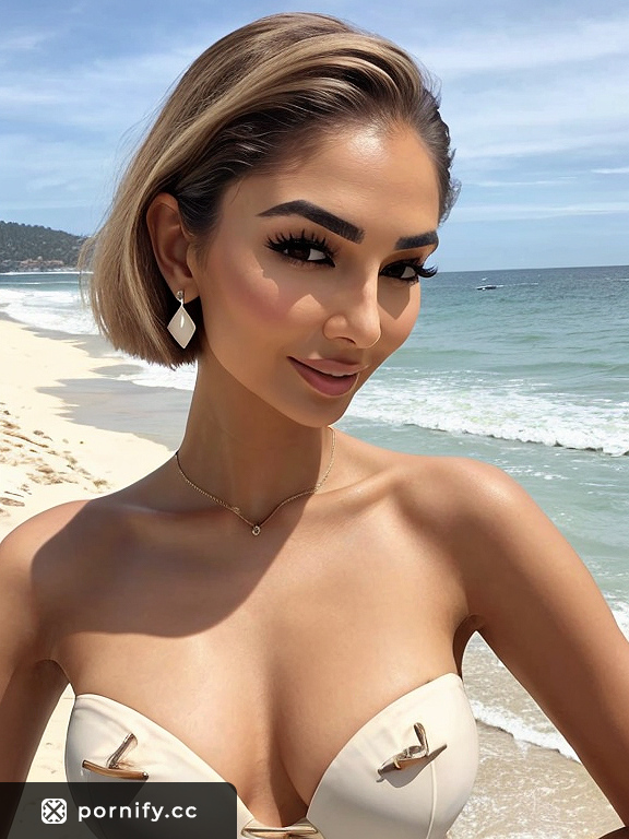 Hourglass German Blonde Hooded Hair S-Shaped Eyebrows Sloped Forehead  Receding Chin Slender Breast Shape Beach Red Lipstick Visual