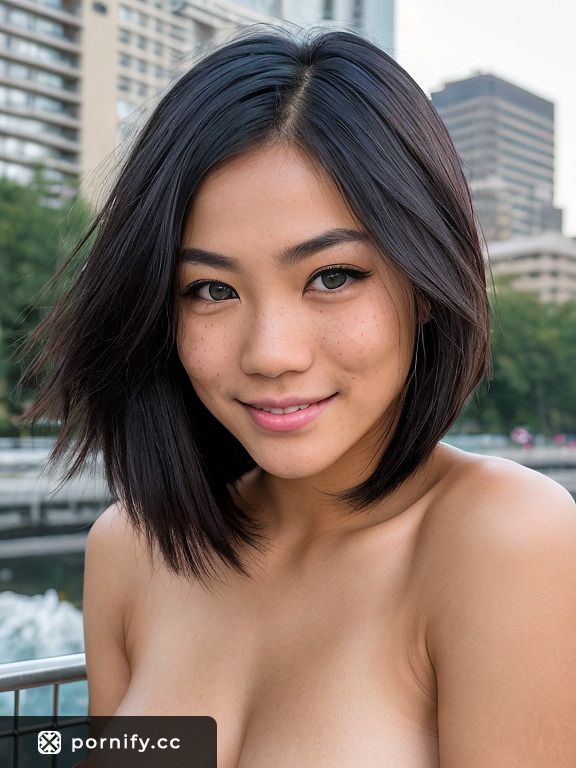Sexy asian teen punk girl with a small round boobs in blowjob pose - 50mm lens wild cityscape adventure - Shirtlift, Feathered eyebrows, Upward gaze