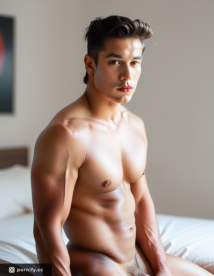 Playful Chubby Asian Guy Squatting Bedside 🛏️😏