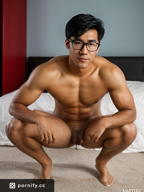 Big Asian Teen Athlete in Bedroom with Glasses Eating and Smiling while Wearing Blue Shades and Hexagonal Face Shape and Feathered Eyebrows